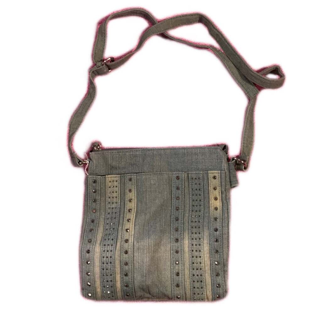 Light Washed Denim Crossbody Bag with Studded Detail - Y2K Style